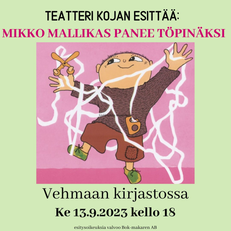 Vehmaan kirjastossa 13.9.2023 klo18 Teater Kojan esittää: